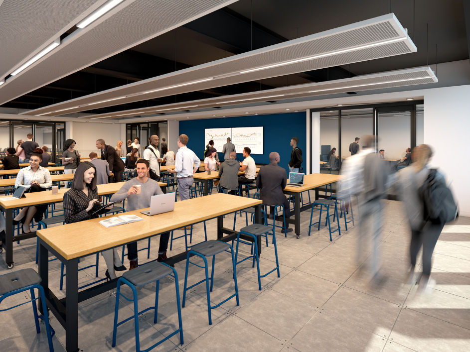 Rendering of the Collaboration Studio filled with students and mentors collaborating.