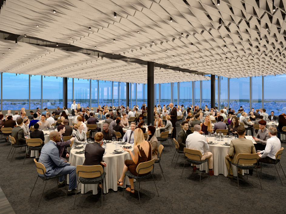 Rendering of Events on 10, a dinning hall filled with students and professionals.