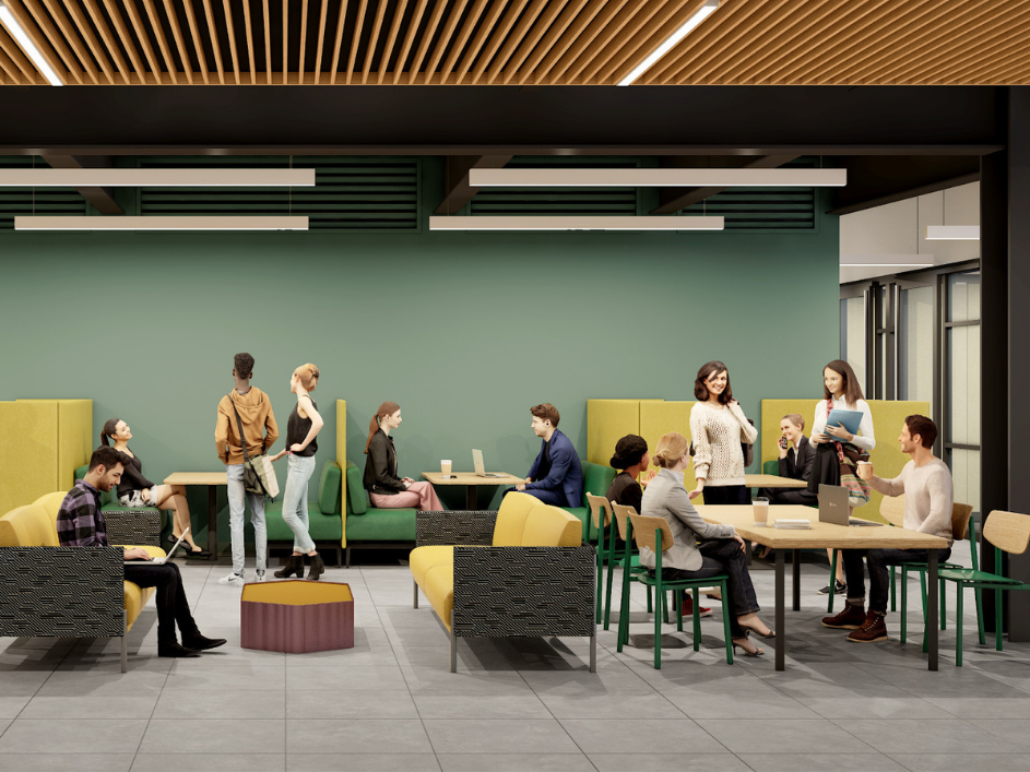 A render of the Registrar's Office lobby with advisors speaking to students.