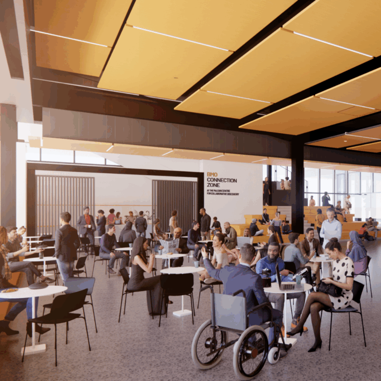 Rendering of a networking event in the McLean Centre.