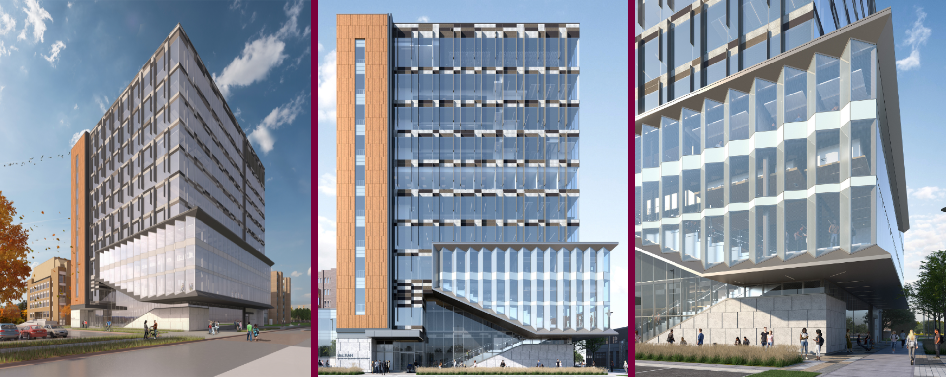 Three renderings of the MCCD building from different angles.